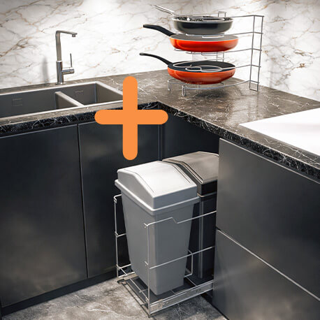 Combo Basureras Classic con 2 Canecas Plásticas +Porta sartenes vertical- Metalizado